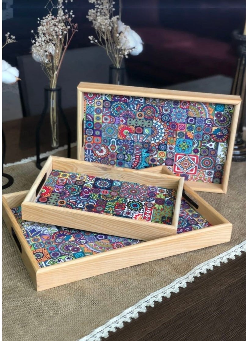 Kitchen Pembelia 3-Piece Wooden Tile Pattern Serving Presentation Tray Dowry Tray Set  - Image 2