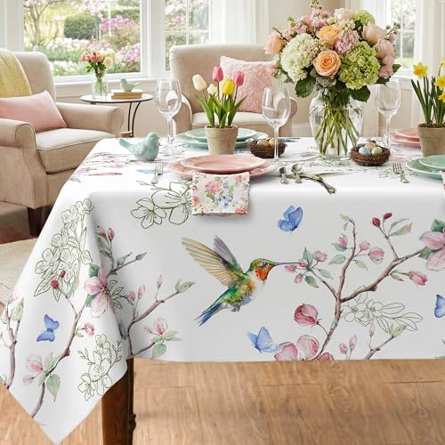 JNDJE Spring Tablecloth 60x84 Inch, Spring Birds Branch Floral Decorations for Home Table Cloth Rectangle Summer Decor Tablecloths Polyester for Picnic Party Dinner - Image 1
