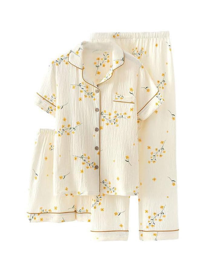 codcm Womens 3pcs Cotton Pajamas Set Short Sleeve Sleepwear Fruit Print Cute Pj Set with Long Pants(Flower,Medium) - Image 5