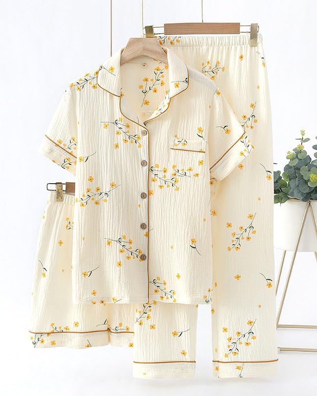 codcm Womens 3pcs Cotton Pajamas Set Short Sleeve Sleepwear Fruit Print Cute Pj Set with Long Pants(Flower,Medium) - Image 2