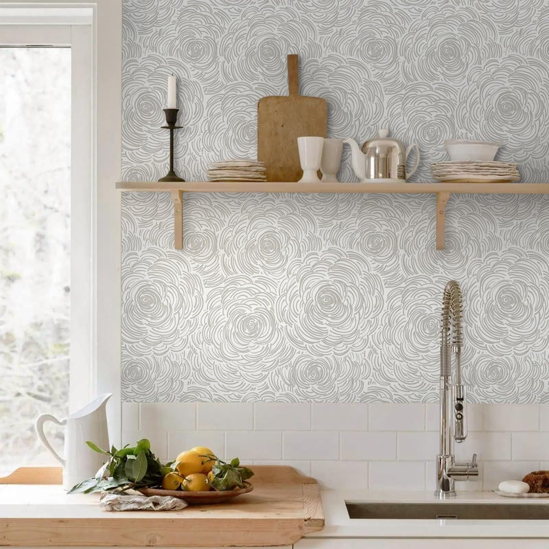 EeeComing Grey Peel and Stick Wallpaper Grey and White Floral Contact Paper Modern Peel and Stick Flower Wallpaper Self Adhesive Wall Paper Removable for Bedroom Cabinets Vinyl 17.3" X 78.7" - Image 3