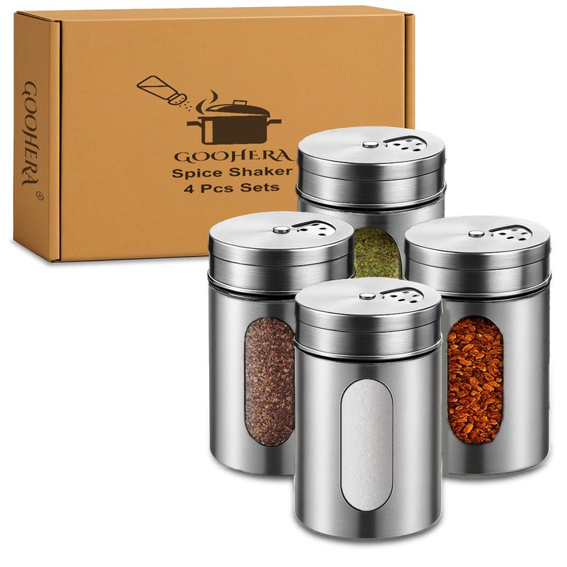 GOOHERA 4-Piece Premium Stainless Steel Salt and Pepper Shakers Set - Adjustable Pour Holes Spice Dispenser for Salt, Sugar, Cinnamon, and Pepper - Stylish Kitchen Seasoning and Spice Shaker Set - Image 1