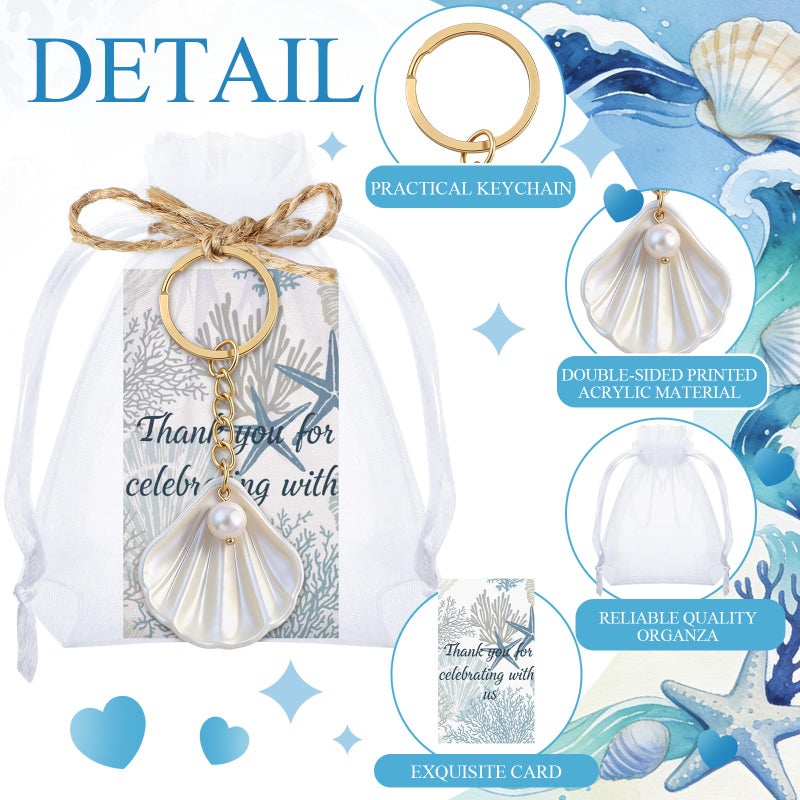 Equsion 24 Sets Seashell Keychain Beach Party Favor Last Toast on The Coast Party Bulk Gift Beach Shell Charm and Pearl Gift with Organza Bag for Nautical Wedding Baby Shower Bridal Shower (White) - Image 3