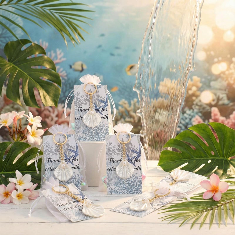 Equsion 24 Sets Seashell Keychain Beach Party Favor Last Toast on The Coast Party Bulk Gift Beach Shell Charm and Pearl Gift with Organza Bag for Nautical Wedding Baby Shower Bridal Shower (White) - Image 2