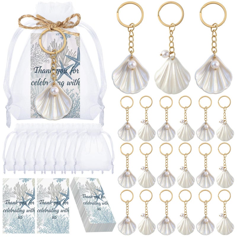 Equsion 24 Sets Seashell Keychain Beach Party Favor Last Toast on The Coast Party Bulk Gift Beach Shell Charm and Pearl Gift with Organza Bag for Nautical Wedding Baby Shower Bridal Shower (White) - Image 1