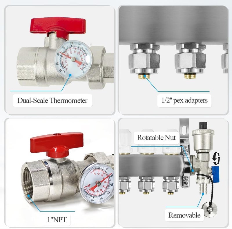 AB 8 Loops Pex/Radiant Manifold with ½ Inch Compatible Outlets for Hydronic Radiant Floor Heating - Image 2