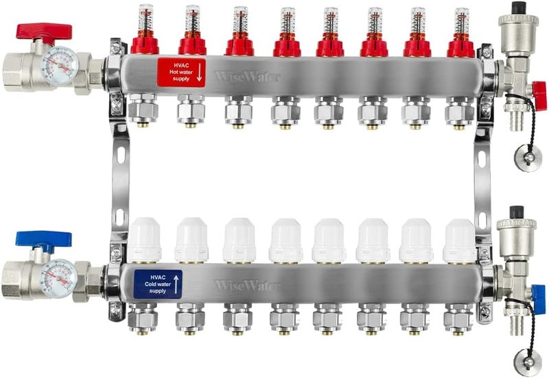 AB 8 Loops Pex/Radiant Manifold with ½ Inch Compatible Outlets for Hydronic Radiant Floor Heating - Image 1