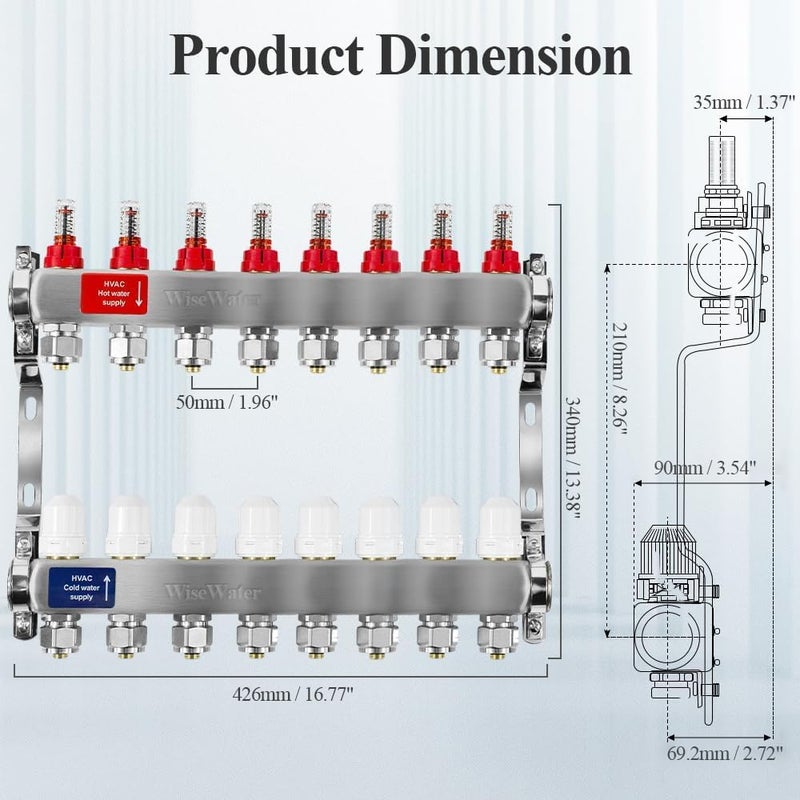 AB 8 Loops Pex/Radiant Manifold with ½ Inch Compatible Outlets for Hydronic Radiant Floor Heating - Image 4