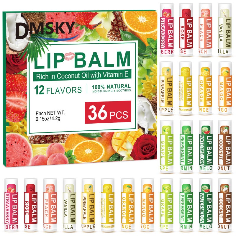 DMSKY 36 Pack Lip Balm, Natural Lip Balm Bulk with Vitamin E and Coconut Oil, Moisturizing Lip Care Product for Dry Cracked Lips- 12 Flavors - Image 1