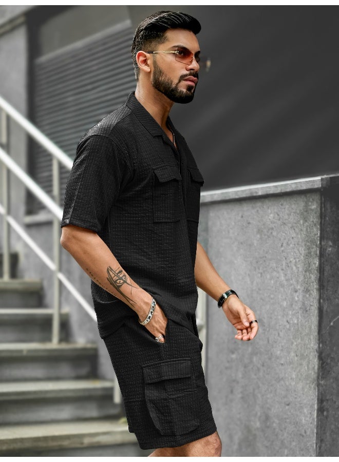 Maniac Maniac  Mens Textured Collar Neck Half Sleeve Black Cotton Blend Tracksuit  - Image 3