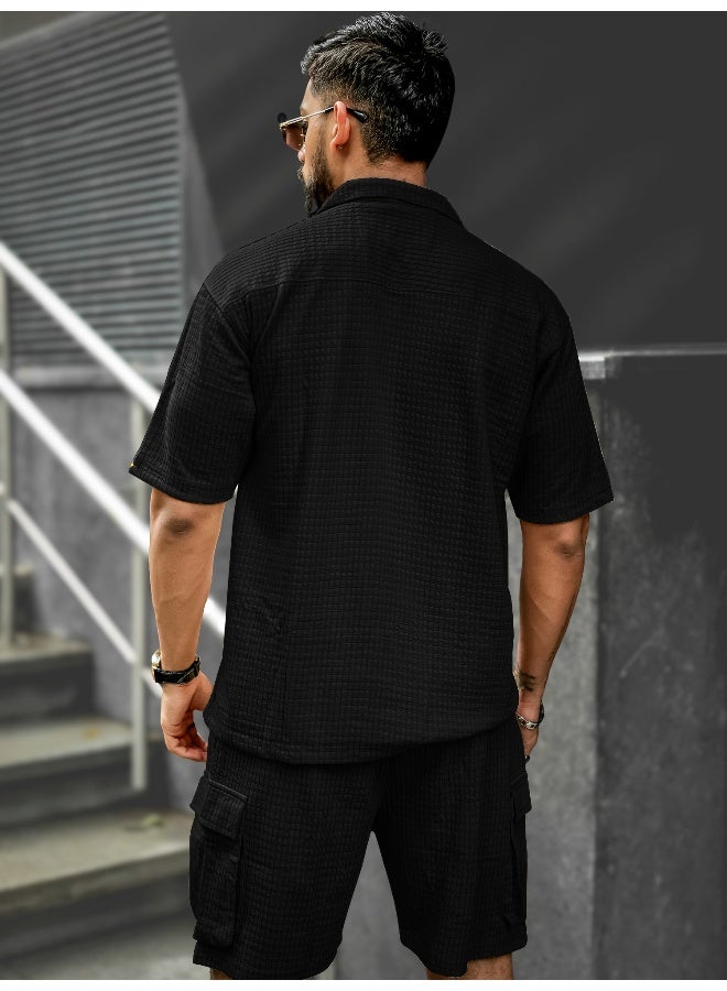 Maniac Maniac  Mens Textured Collar Neck Half Sleeve Black Cotton Blend Tracksuit  - Image 4