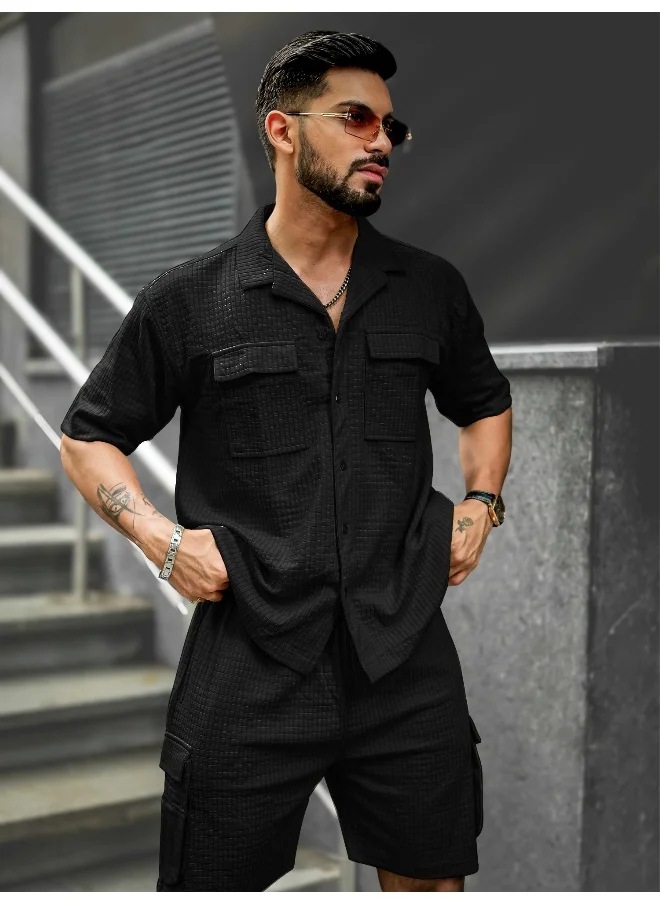 Maniac Maniac  Mens Textured Collar Neck Half Sleeve Black Cotton Blend Tracksuit