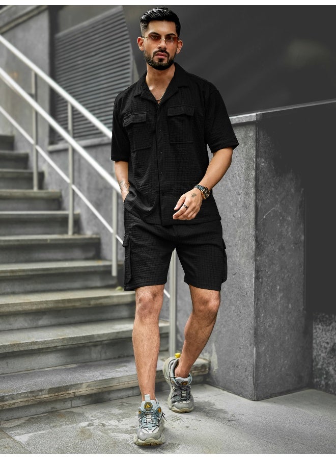 Maniac Maniac  Mens Textured Collar Neck Half Sleeve Black Cotton Blend Tracksuit  - Image 5
