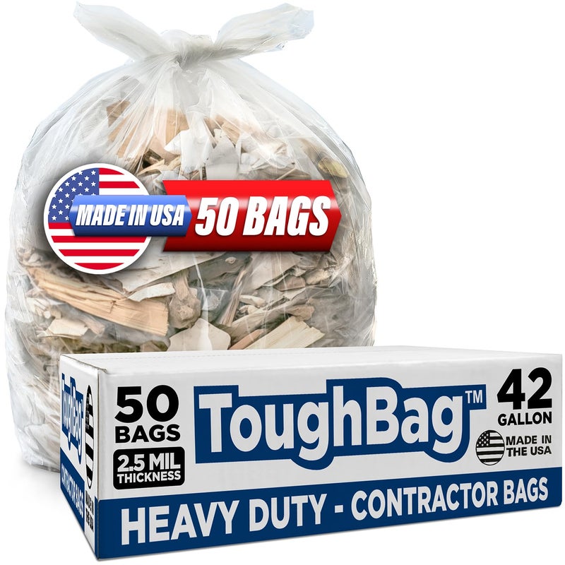 ToughBag 4042 Gallon Trash Bags 25 Mil Contractor Bags Heavy Duty Large Trash Can Liners Recycling Trash Bags 33 x 48 50 COUNTCLEAR Made in USA