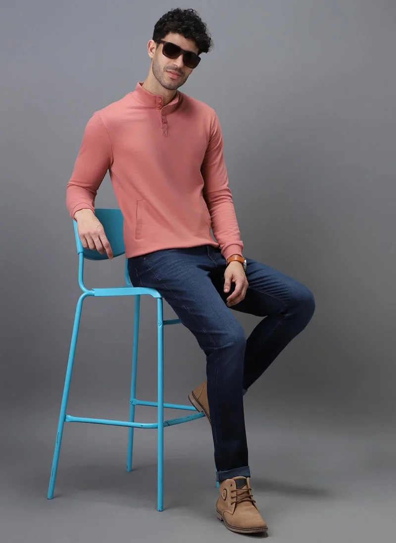 Urbano Fashion  Urbano Fashion Men's Pink Cotton Solid Button High Neck Sweatshirt for Men | Best Price UAE