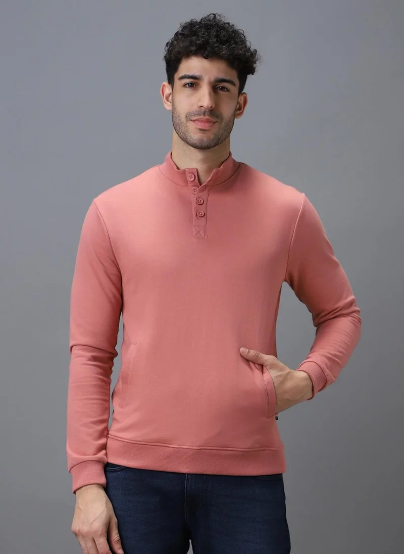 Urbano Fashion Men's Pink Cotton Solid Button High Neck Sweatshirt