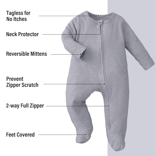 OPAWO Newborn Baby Footed Romper with Mitten Cuffs Blank Cotton Onesie Double Zipper Jumpsuit for Boys Girls 0-6 Months(Zipper/Black/White/Gray,0-3Months) - Image 3