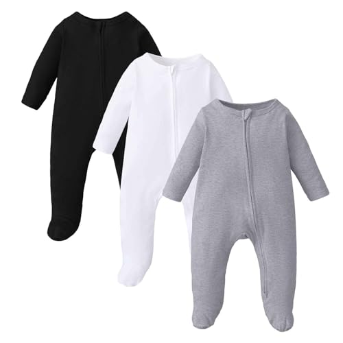 OPAWO Newborn Baby Footed Romper with Mitten Cuffs Blank Cotton Onesie Double Zipper Jumpsuit for Boys Girls 0-6 Months(Zipper/Black/White/Gray,0-3Months) - Image 1