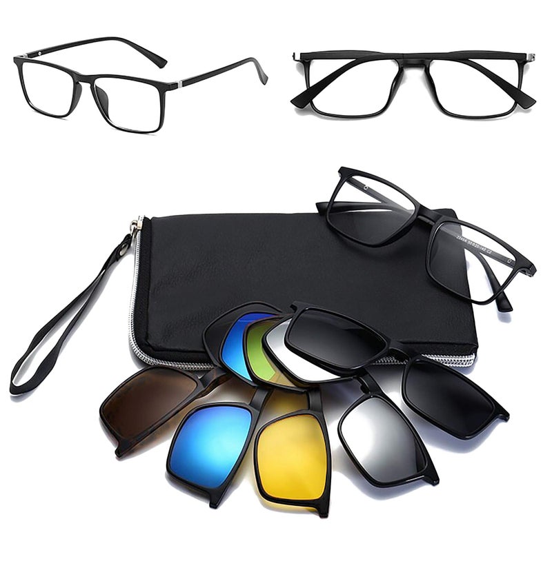 Visions India VisionsIndia 6 in 1 Polarized Magnetic Clip On Sunglasses Eye Glasses With UV 400 Night Drive Unisex (2298, Square, 56|17, Large) - Image 1