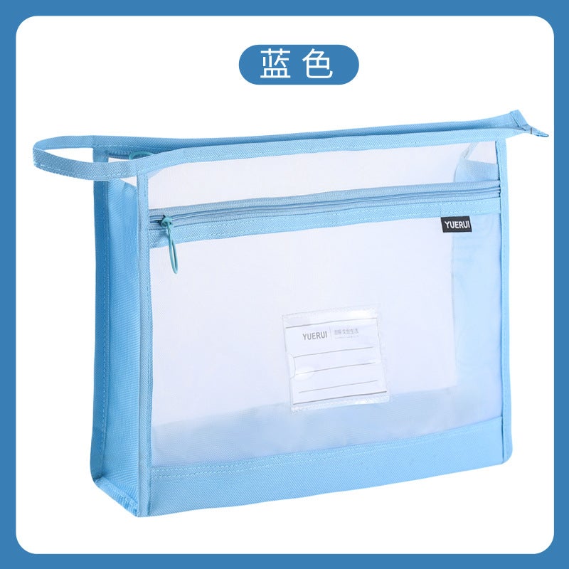 New Transparent Double-Layer Nylon Mesh Document Bag for School Light blue 
