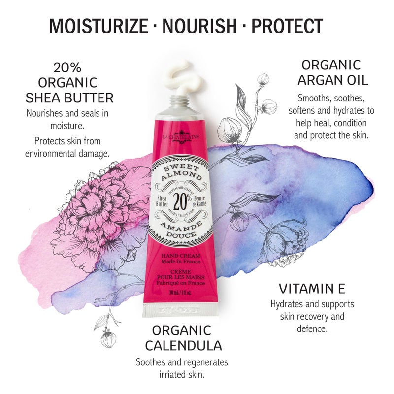 La Chatelaine 20% Shea Butter Hand Cream Travel Size, Organic Argan Oil, Moisturizing, Nourishing, Repairing, Extra-Rich Hand Lotion, Made in France, Paraben Free, 1 oz / 30ml (Sweet Almond) - Image 2