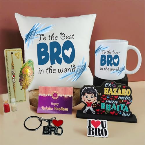 PICRAZEE Raksha Bandhan Gift for Brother – Rakhi, 12” Cushion with Filler, Mug, Table Standy, Roli-Chawal Bottles, Keyring, Fridge Magnet & Greeting Card - Image 1