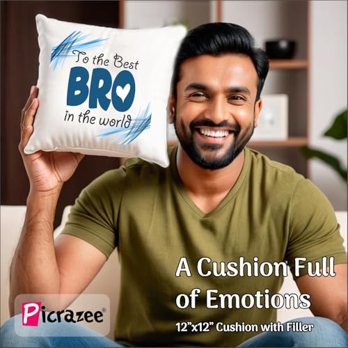 PICRAZEE Raksha Bandhan Gift for Brother – Rakhi, 12” Cushion with Filler, Mug, Table Standy, Roli-Chawal Bottles, Keyring, Fridge Magnet & Greeting Card - Image 3