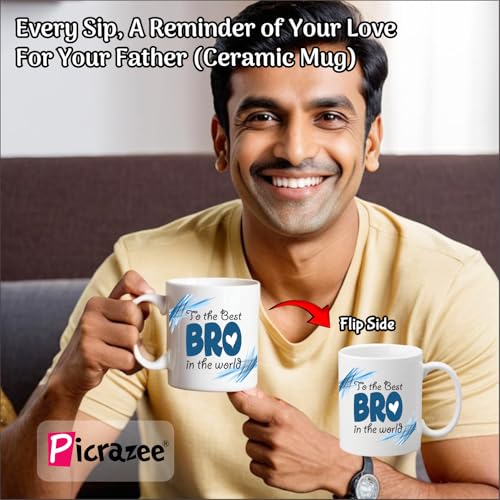 PICRAZEE Raksha Bandhan Gift for Brother – Rakhi, 12” Cushion with Filler, Mug, Table Standy, Roli-Chawal Bottles, Keyring, Fridge Magnet & Greeting Card - Image 4