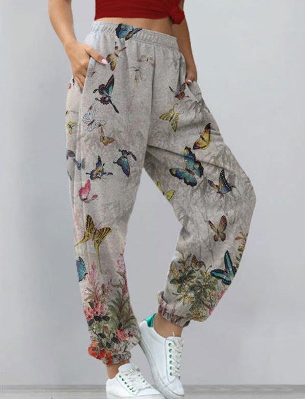 2023 Amazon Cross-border Explosions European and American Womens Casual Sports Joker Printed Sweater Womens Pants Ankle Pants Butterfly 
