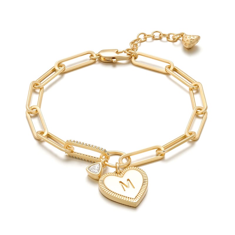 MYEARS Valentines Day Gifts for Women - Gold Initial Bracelets for Women Trendy 14K Gold Plated Heart Letter A-Z Charm Bracelets Paperclip Chain Personalized Jewelry Birthday Gifts for Her - Letter M - Image 1
