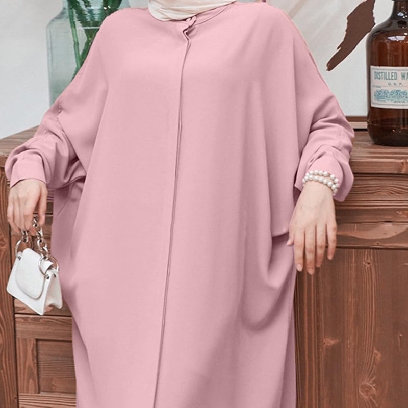 Women's Modest Pink Abaya Dress with Batwing Sleeves - Image 3