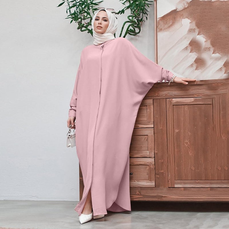 Women's Modest Pink Abaya Dress with Batwing Sleeves - Image 2
