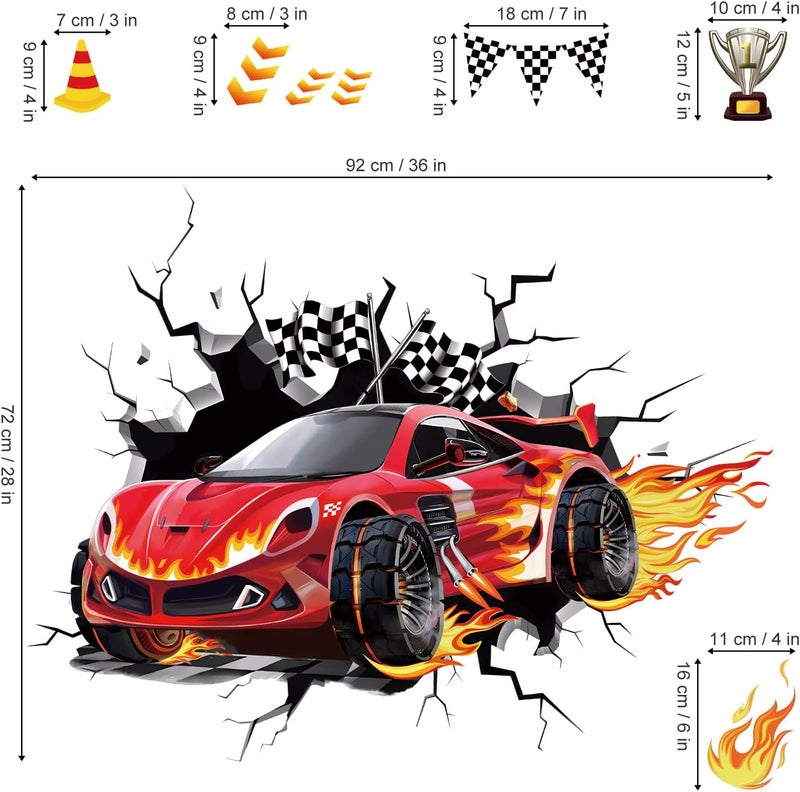 decalmile 3D Racing Cars Wall Decals Red Cars Flags Wall Stickers Baby Nursery Boys Bedroom Kids Room Wall Decor Gifts for Kids - Image 4