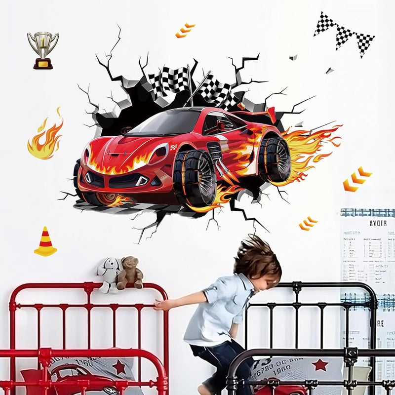 decalmile 3D Racing Cars Wall Decals Red Cars Flags Wall Stickers Baby Nursery Boys Bedroom Kids Room Wall Decor Gifts for Kids - Image 1