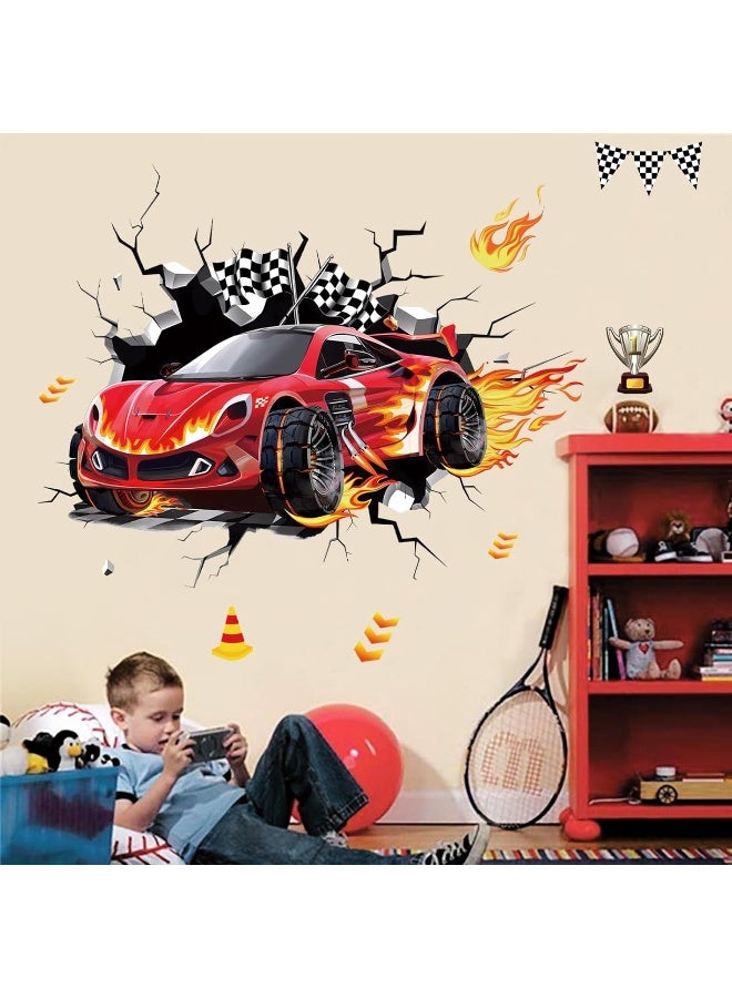 decalmile 3D Racing Cars Wall Decals Red Cars Flags Wall Stickers Baby Nursery Boys Bedroom Kids Room Wall Decor Gifts for Kids - Image 2