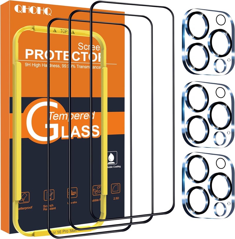 QHOHQ iPhone 16 Pro Max Screen Protector with Camera Lens Protectors - Military Grade Shatterproof Tempered Glass, Full Edge Coverage, 3+3 Pack - Image 1