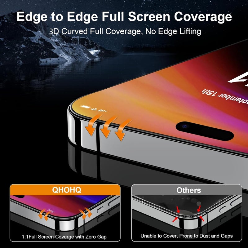 QHOHQ iPhone 16 Pro Max Screen Protector with Camera Lens Protectors - Military Grade Shatterproof Tempered Glass, Full Edge Coverage, 3+3 Pack - Image 3