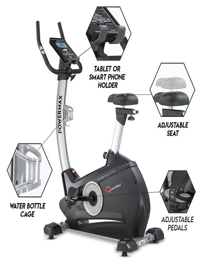 باورماكس فيتنيس دراجة التمرين PowerMax Fitness® BU-740 للاستخدام المنزلي [دولاب الموازنة 8 كجم، الحد الأقصى لوزن المستخدم 120 كجم، شاشة LCD، مقاومة قابلة للتعديل بـ 10 مستويات ودواسة مضادة للانزلاق] لون أسود  - Image 4