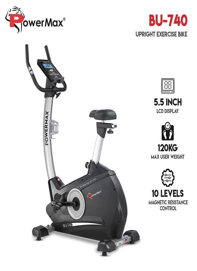 باورماكس فيتنيس دراجة التمرين PowerMax Fitness® BU-740 للاستخدام المنزلي [دولاب الموازنة 8 كجم، الحد الأقصى لوزن المستخدم 120 كجم، شاشة LCD، مقاومة قابلة للتعديل بـ 10 مستويات ودواسة مضادة للانزلاق] لون أسود  - Image 2