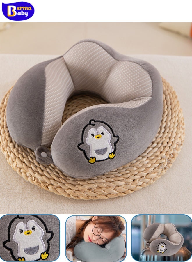 Berma Baby Cartoon print pillow, U-shaped neck pillow, head and neck support airplane pillow, travel pillow, office lunch break pillow, travel neck pillow, airplane car U-shaped pillow, very suitable for travel (gray penguin) - Image 1