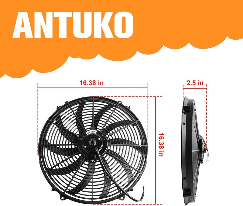 ANTUKO مروحة تبريد رادياتير كهربائية ANTUKO 3000 CFM 16 بوصة مع مجموعة تركيب مروحة رفيعة دفع وسحب 10 شفرات 12 فولت سوداء - Image 4