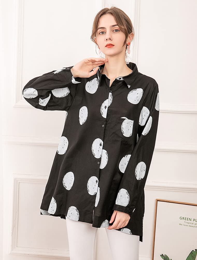 Minibee Women's Button Down Tunic Tops Polka Blouse Cotton Shirts Black M - Image 5