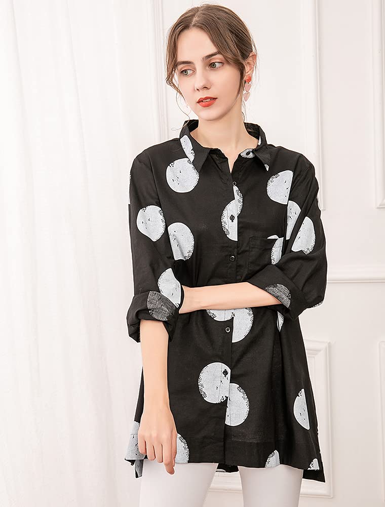 Minibee Women's Button Down Tunic Tops Polka Blouse Cotton Shirts Black M - Image 4
