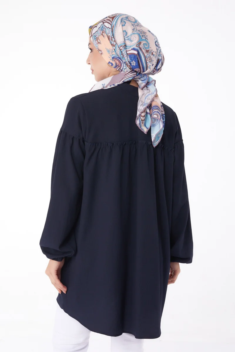 Tofisa Plain Judge Collar Women's Navy Blue Gathered Shirt - 13136