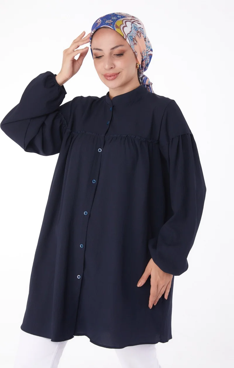 Tofisa Plain Judge Collar Women's Navy Blue Gathered Shirt - 13136