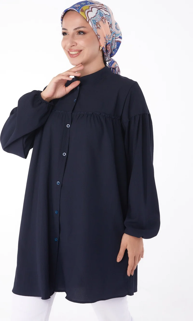 Tofisa Plain Judge Collar Women's Navy Blue Gathered Shirt - 13136