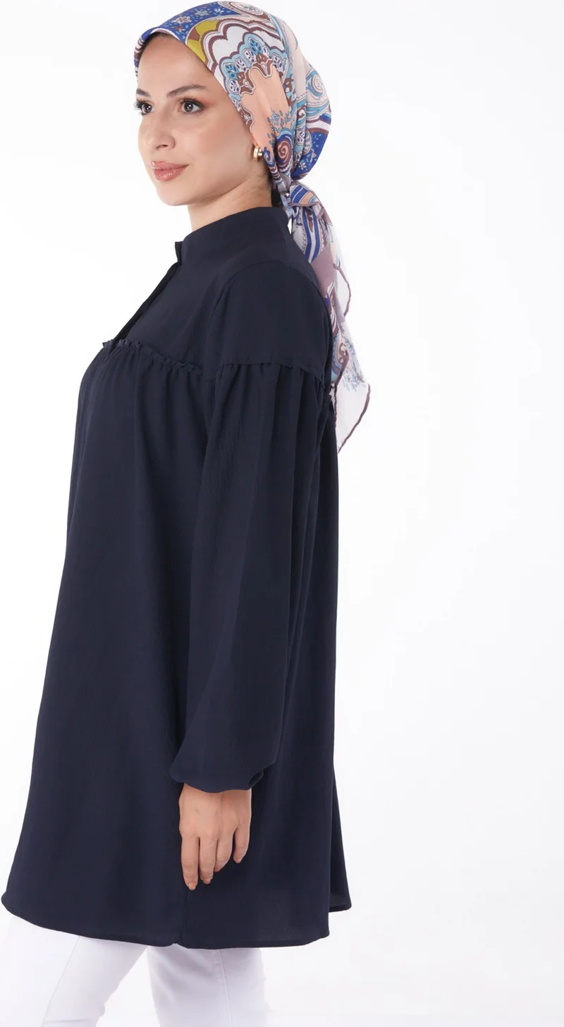 Tofisa Plain Judge Collar Women's Navy Blue Gathered Shirt - 13136