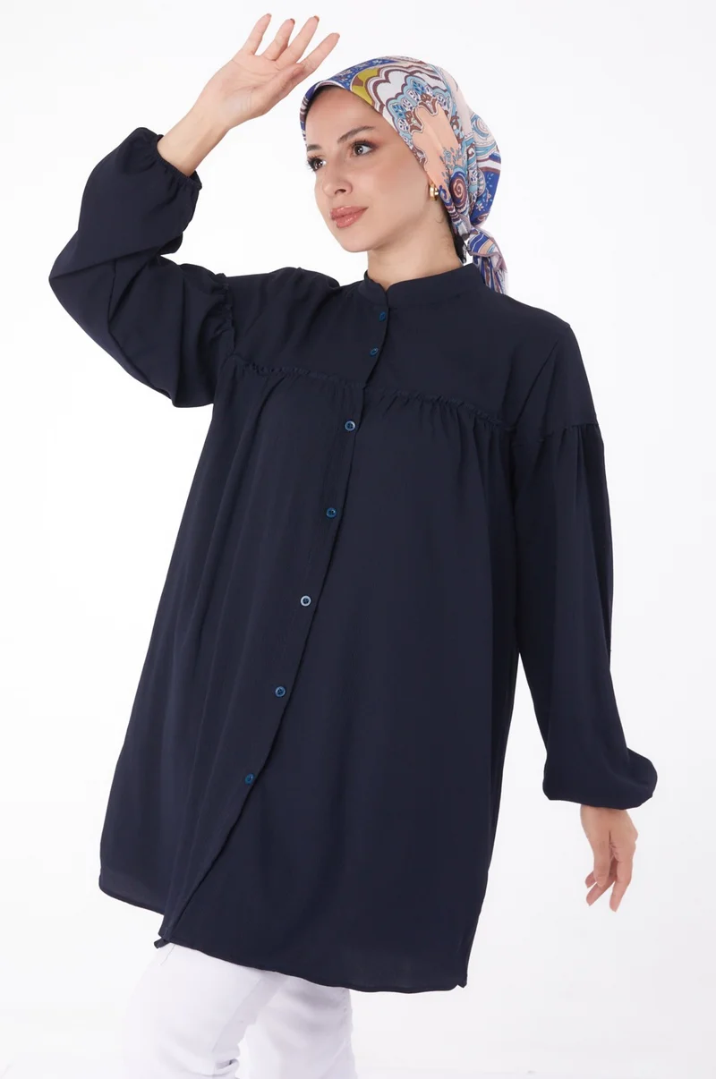 Tofisa Plain Judge Collar Women's Navy Blue Gathered Shirt - 13136