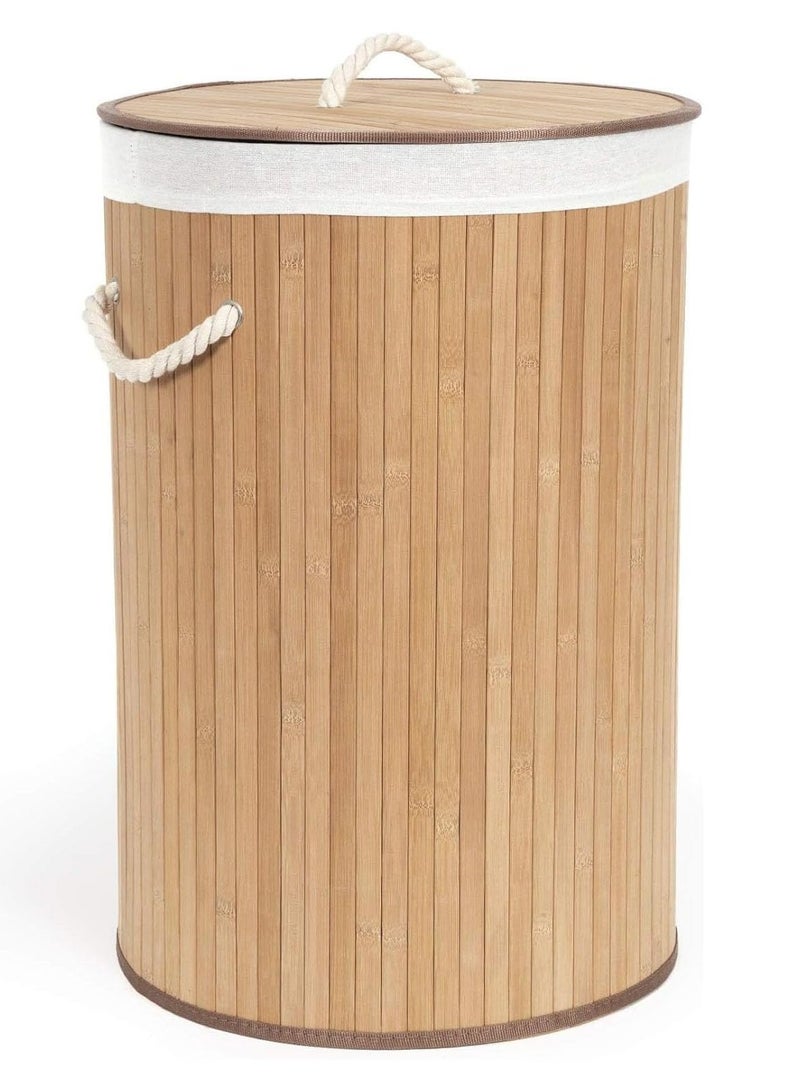 تراسل سلة غسيل مسطحة قابلة للطي، سلة غسيل خشبية مستطيلة مع غطاء، خيزران وقطن بوليستر، خشب خفيف - Image 1