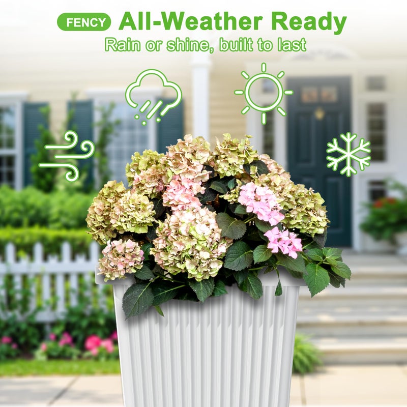 FENCY Set of 2 Tall Planters for Outdoor Plants, 24 Inch Large Tapered Pots with Drainage Trays, Weather-Resistant Plastic Plant Containers for Patio, Porch, Garden, Front Door Decor,White, Striped - Image 4
